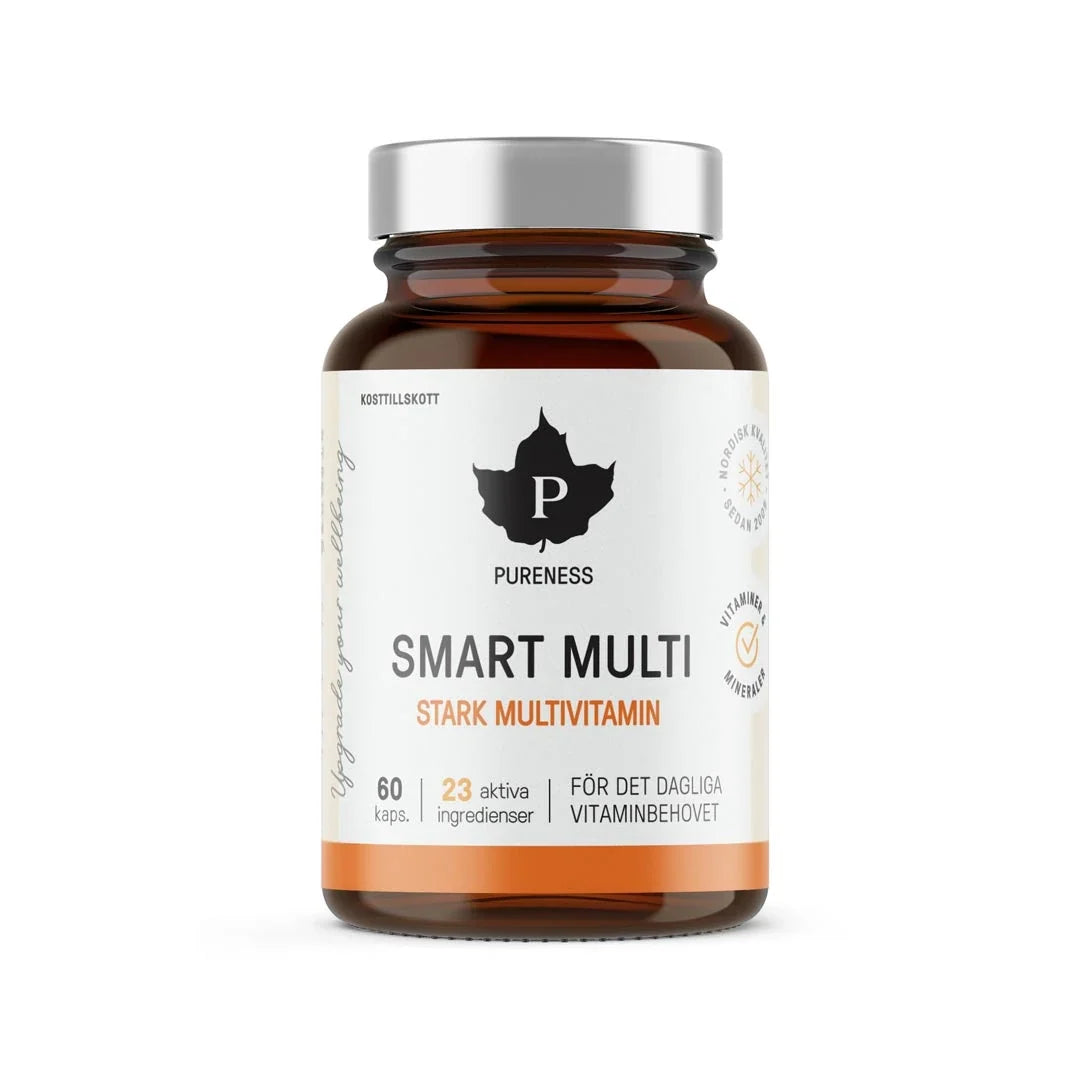 Pureness Smart Multi 60 caps i en brun glasburk med silverfärgat lock, vit etikett och orangea detaljer., bild 1 av 1