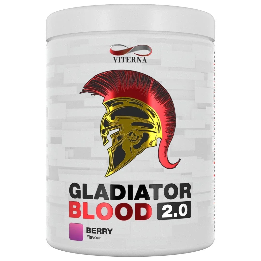 Viterna Gladiator Blood 2.0 460 g PWO i en vit burk med röd och guldig gladiatorhjälm för smaken Berry Mix., bild 4 av 5
