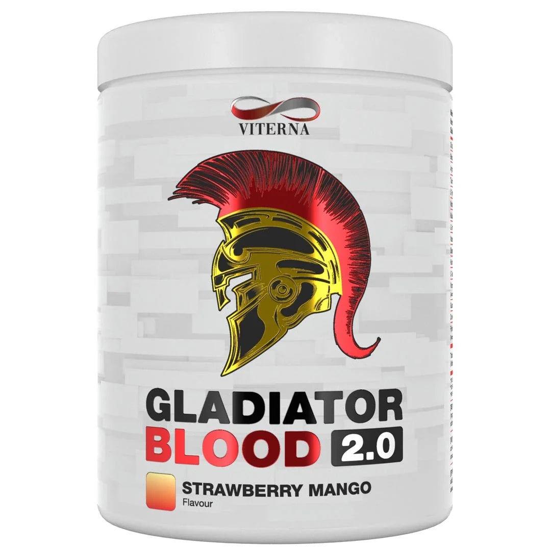 Viterna Gladiator Blood 2.0 460 g i en vit burk med röd och guldig gladiatorhjälm för smaken Strawberry Mango., bild 3 av 5