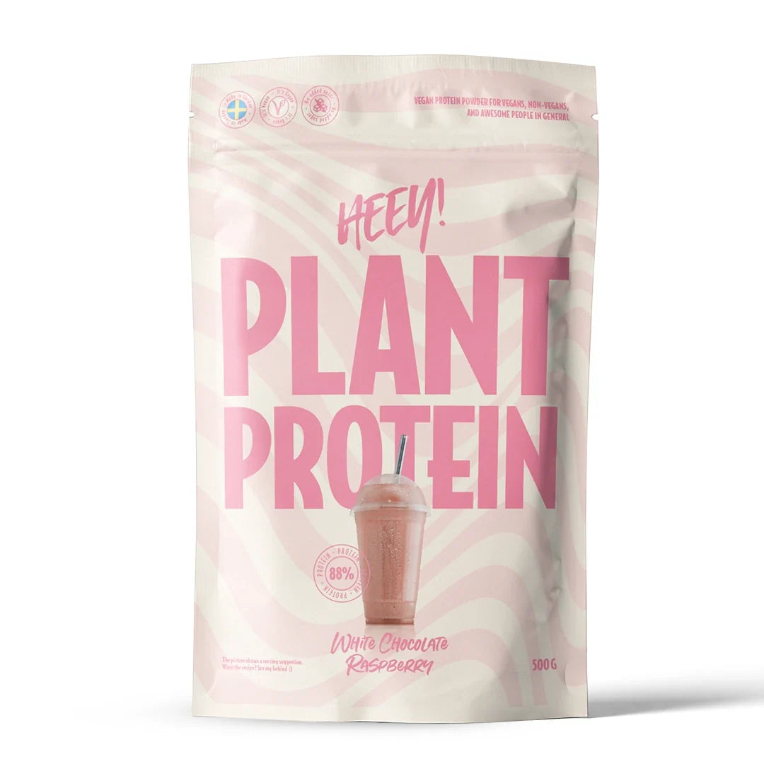 Heey! Veganskt Protein 500 g proteinpulver i en vit och rosa vågig påse för smaken Vit Choklad Hallon., bild 7 av 9