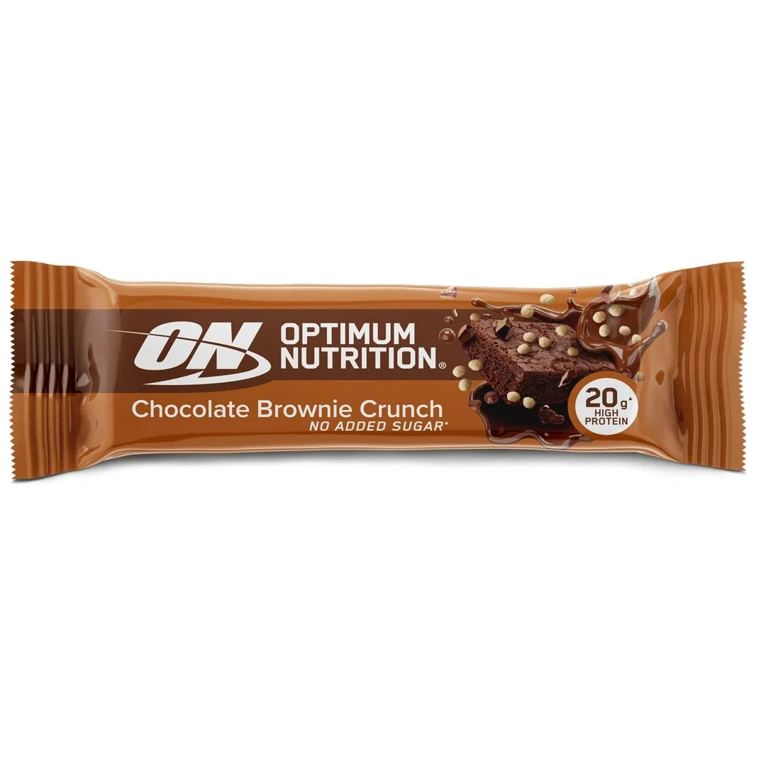 Optimum Nutrition Protein Bar 70 g i en brun förpackning med chokladdetaljer för smaken Chocolate Brownie Crunch., bild 1 av 2
