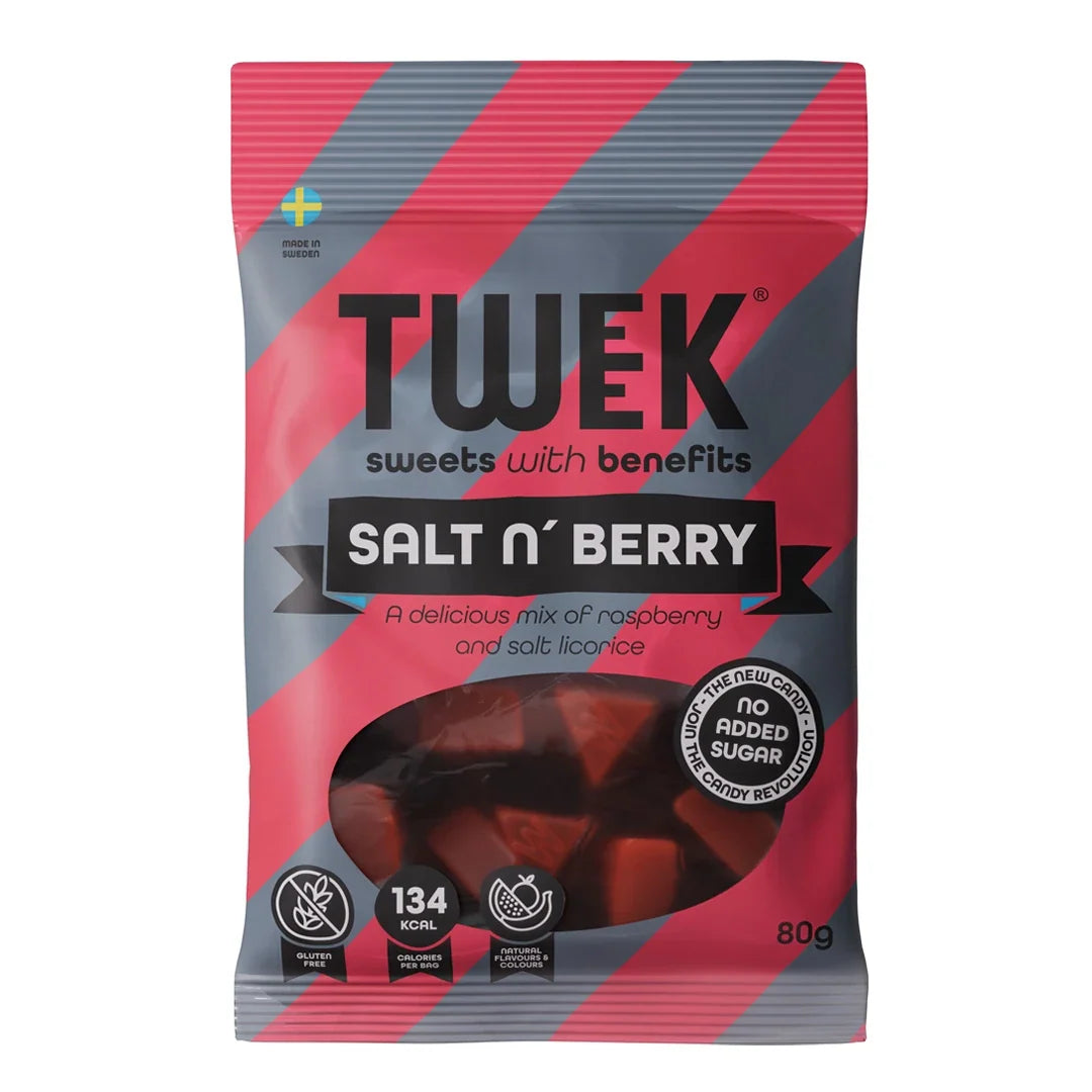 Tweek Sweets 80 g godis i en randig rosa och grå påse för smaken Salt n' Berry., bild 3 av 7