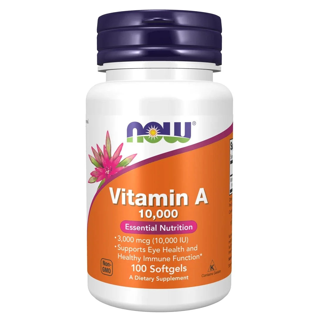 NOW A-vitamin 10.000IU 100 caps kosttillskott i en vit burk med mörkblått lock och orange etikett., bild 1 av 1