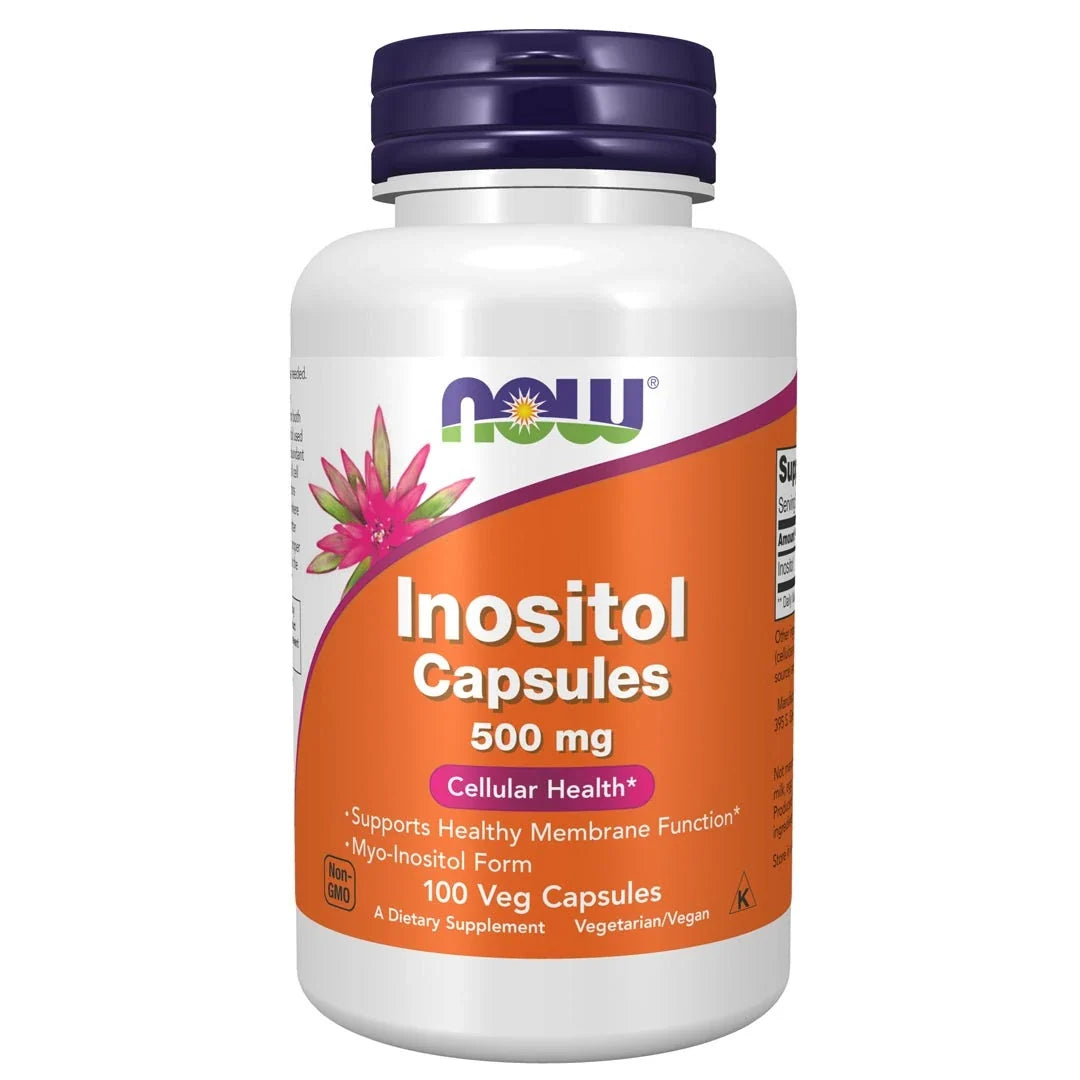 NOW Inositol 500 mg 100 caps i en vit burk med orange etikett och mörklila lock., bild 1 av 1