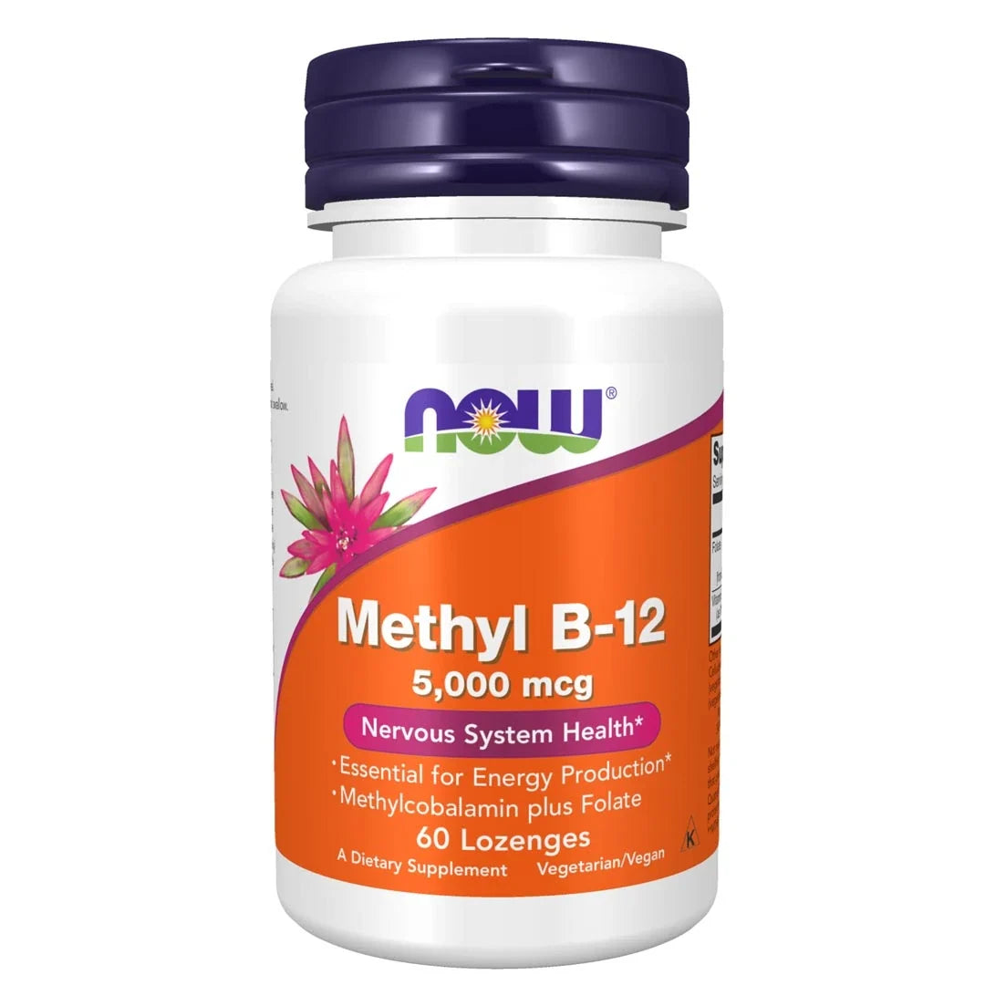 NOW Methyl B-12 60 caps kosttillskott i en vit burk med mörkblått lock och orange etikett med en rosa blomma., bild 1 av 1