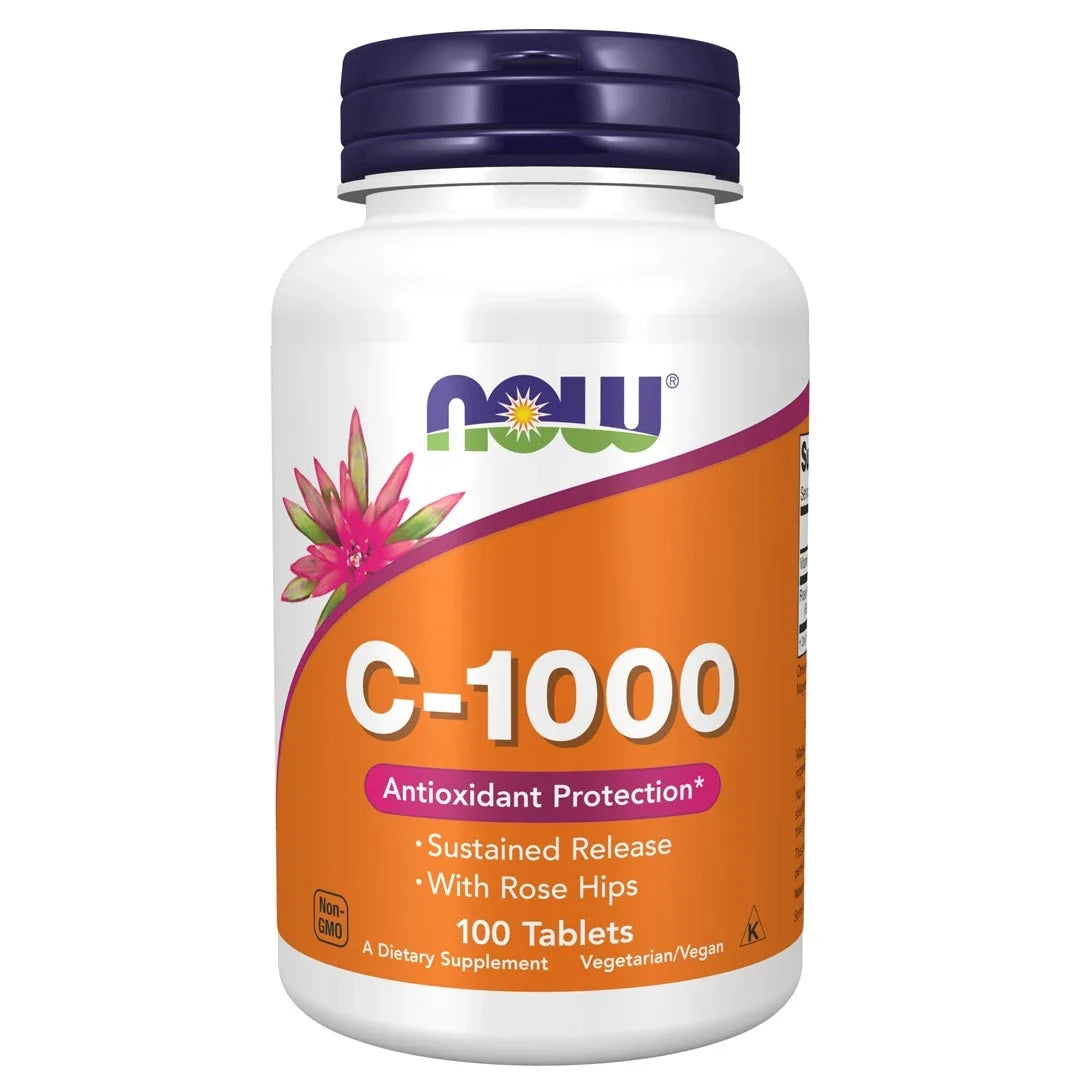 NOW Vitamin C-1000 Sustained Release 100 tabs kosttillskott i en vit burk med orange etikett och ett mörkblått lock., bild 1 av 1
