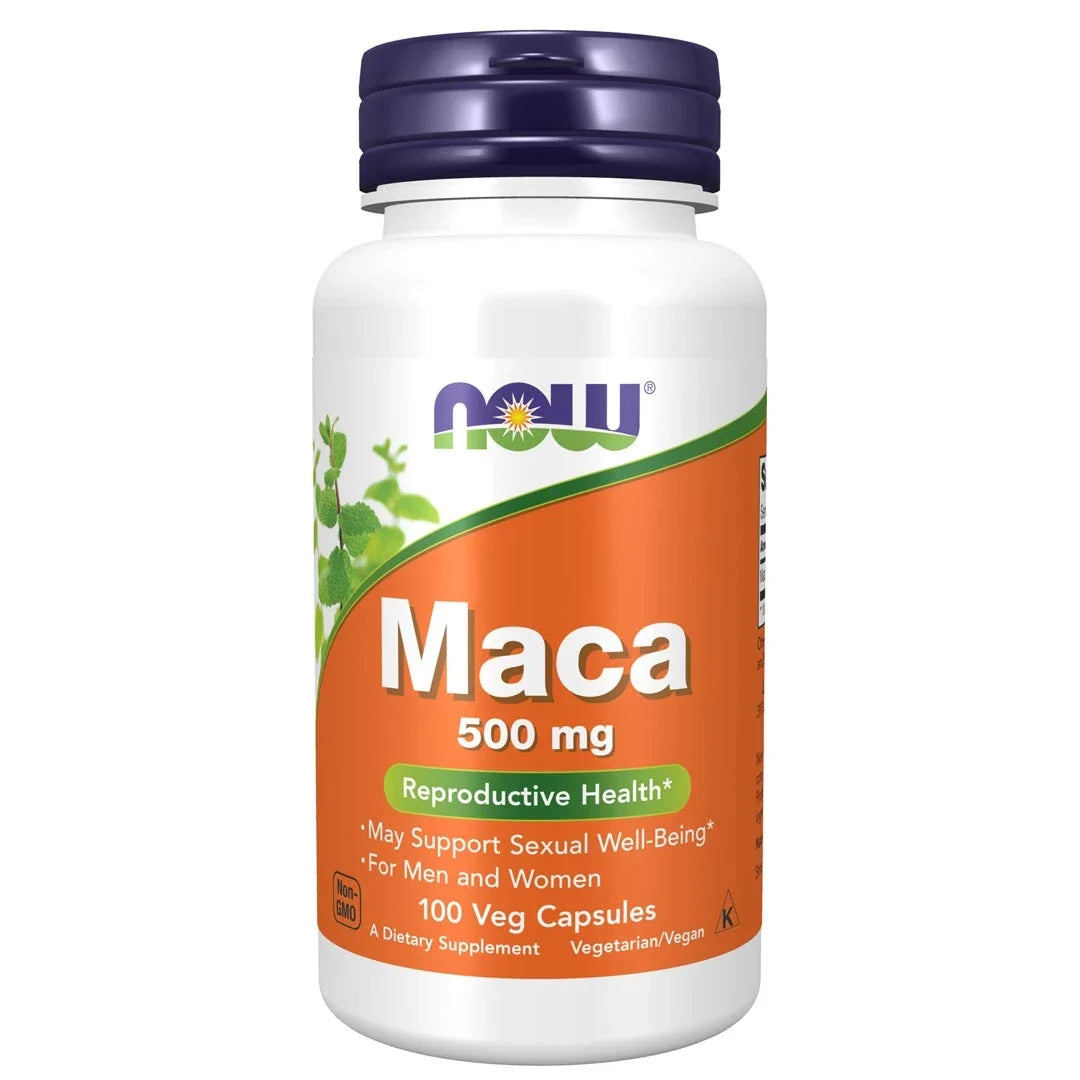 NOW MACA 500 mg 100 caps veganska kapslar i en vit plastburk med orange etikett och mörkblått lock., bild 1 av 1
