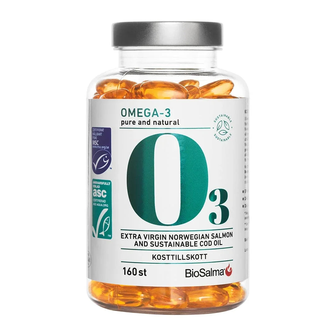 BioSalma Omega-3 Cod &amp; Salmon oil 800 mg 160 caps i en transparent burk med silverlock, fylld med gyllene kapslar., bild 1 av 1