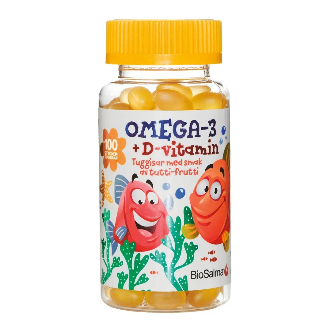 BioSalma Omega-3 100 pcs tuggisar för barn, i en transparent burk med gult lock och färgglada tecknade fiskar., bild 1 av 1