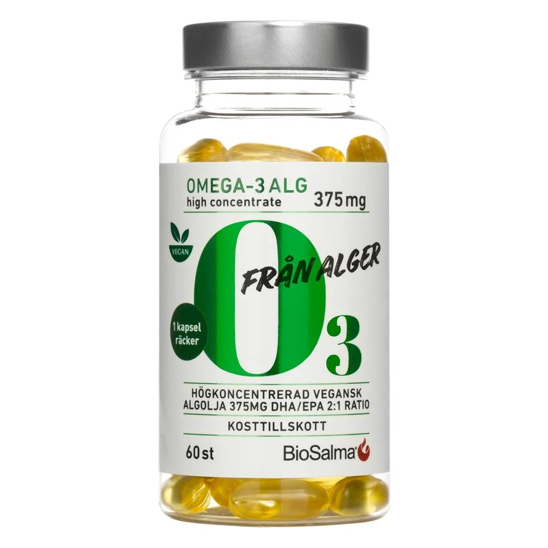 BioSalma Omega-3 Alg 375 mg 60 caps i en transparent burk med vit etikett, gröna detaljer och gyllene kapslar., bild 1 av 1