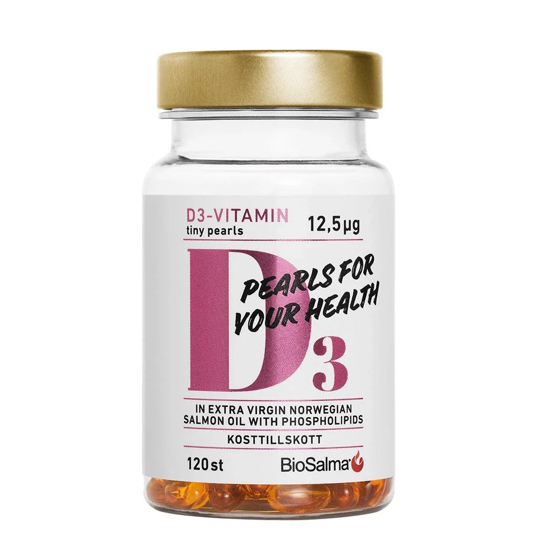 BioSalma D3-vitamin Tiny Pearls 12.5ug 120 caps i en transparent burk med vitt och rosa etikett samt guldfärgat lock., bild 1 av 1