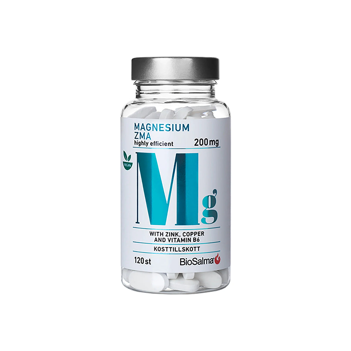 BioSalma Magnesium ZMA 200 mg 120 tabs i en genomskinlig plastburk med silverlock och vit etikett med ljusblå detaljer.