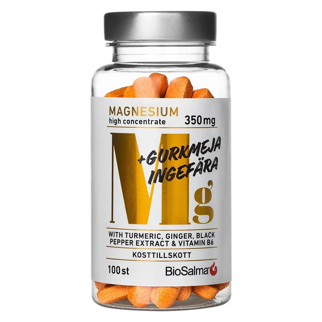 BioSalma Magnesium 350 mg + Gurkmeja &amp; Ingefära 100 tabs i en transparent burk med orangefärgade tabletter., bild 1 av 1
