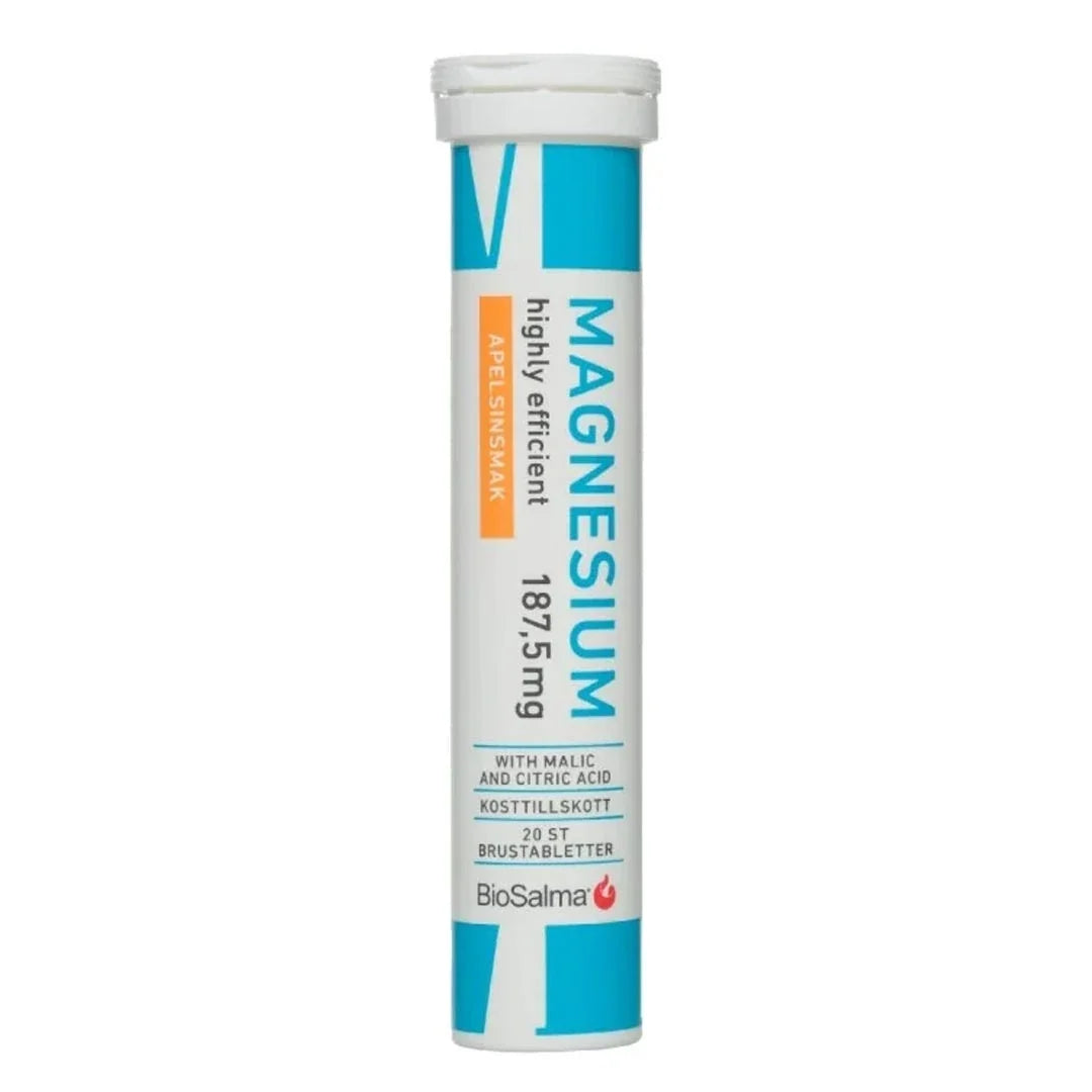 BioSalma Magnesium Brus 20 tabs, ett vitt rör med ljusblå detaljer för brustabletter med apelsinsmak., bild 1 av 1