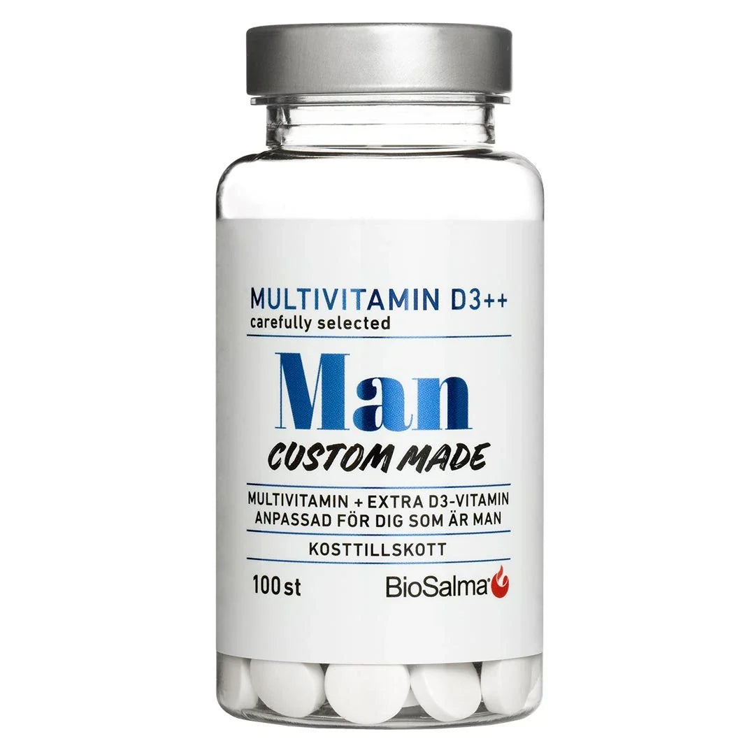 BioSalma Multivitamin Man D3++ 100 tabs i en transparent burk med vit etikett och blå text, fylld med vita tabletter., bild 1 av 1