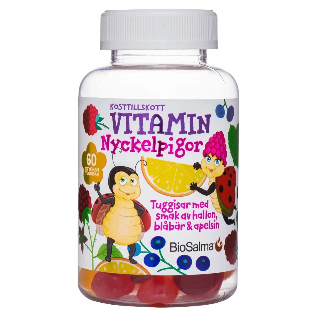 BioSalma Multivitamin Nyckelpiga Barn 60 pcs i en genomskinlig plastburk med färgglad etikett och illustrationer av insekter och bär., bild 1 av 1