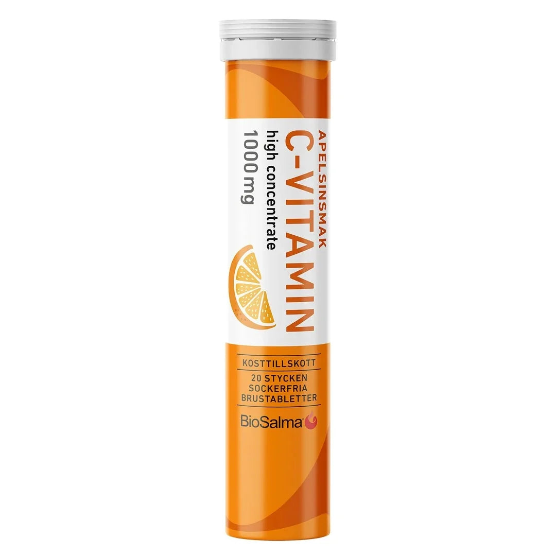 BioSalma C-vitamin Brus 20 pcs brustabletter i ett orange och vitt rör för smaken apelsin.