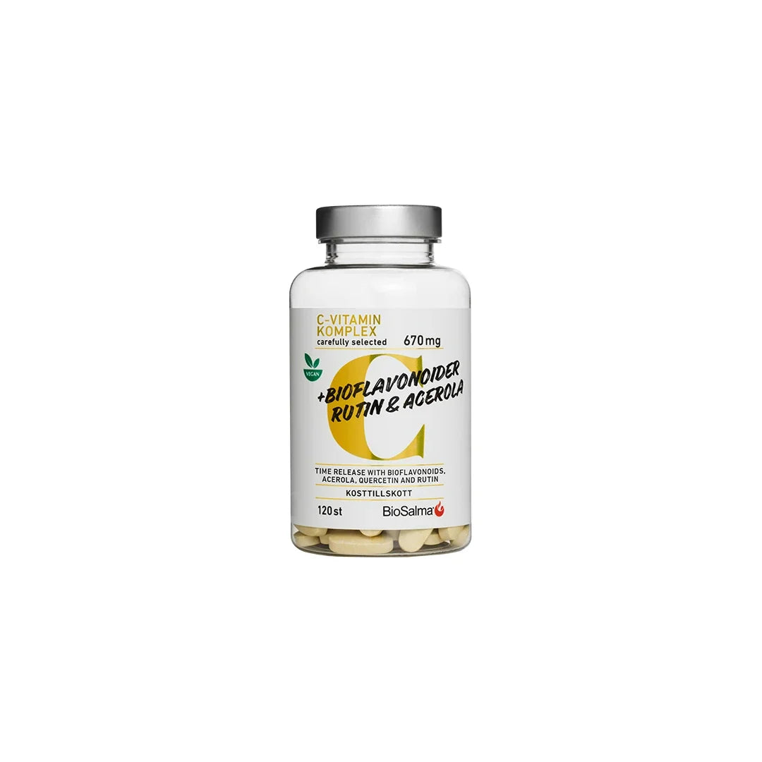 BioSalma C-vitaminkomplex + Bioflavonider 120 tabs i en transparent burk med vit etikett och gula detaljer., bild 1 av 1