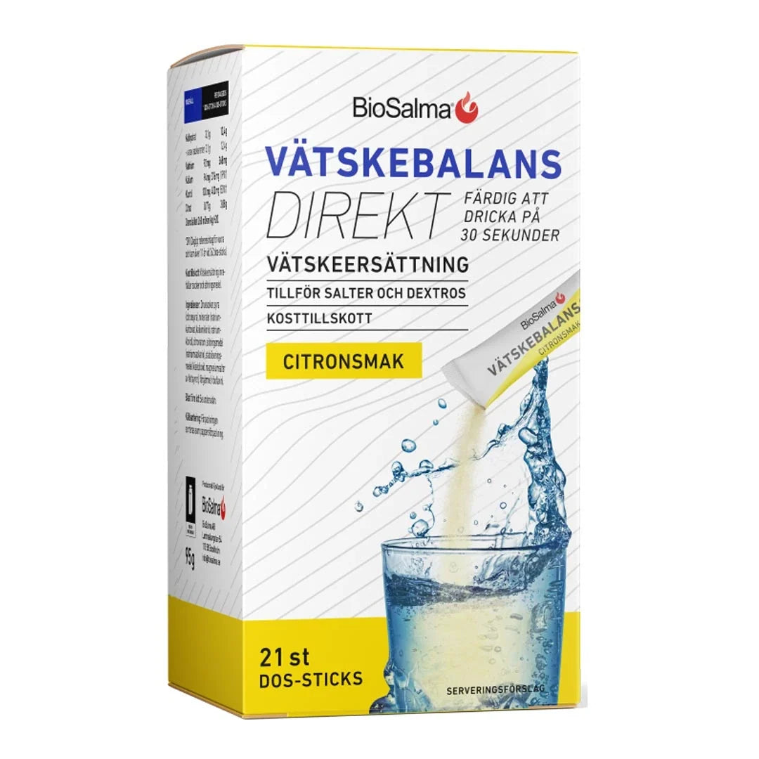 BioSalma Vätskebalans Direkt 21 pcs vätskeersättning, vit och gul kartong med citronsmak och ett glas vatten.