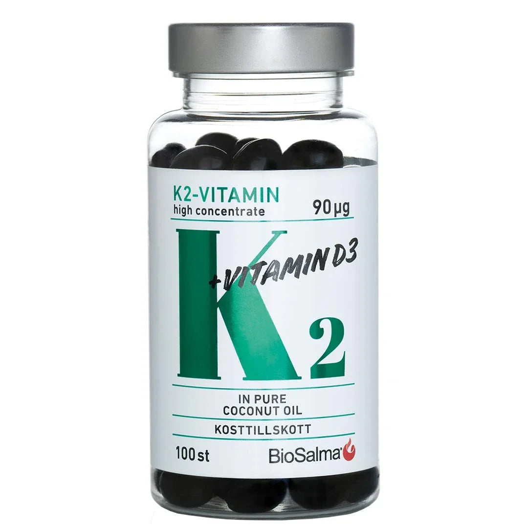 BioSalma K2-vitamin High Concentrate 90 µg 100 caps i en transparent burk med silverlock och mörka kapslar., bild 1 av 1