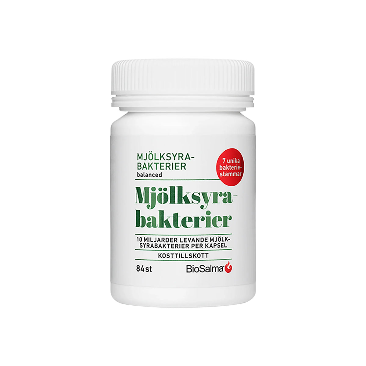 BioSalma Mjölksyrabakterier Mage 84 caps kosttillskott i en vit plastburk med grön text.