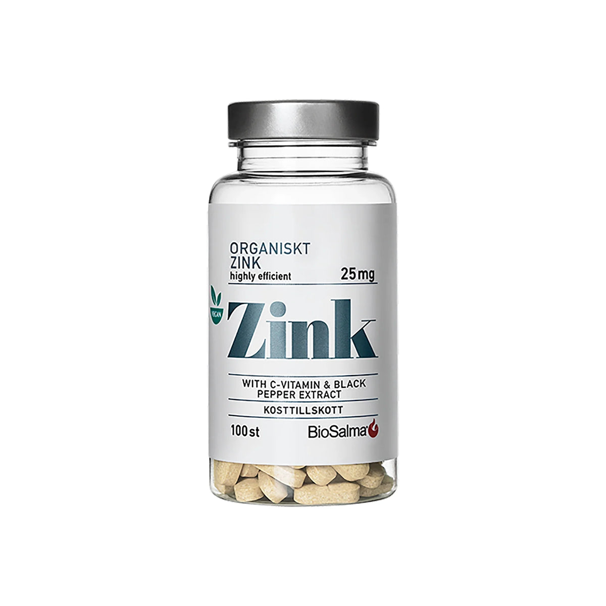 BioSalma Organiskt Zink 25 mg 100 tabs i en transparent burk med silverlock, vit etikett och synliga tabletter.