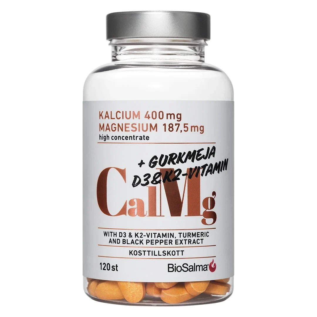 BioSalma Kalcium+ Magnesium 120 tabs kosttillskott, förpackat i en transparent burk med svart lock och vit etikett med kopparfärgade detaljer., bild 1 av 1