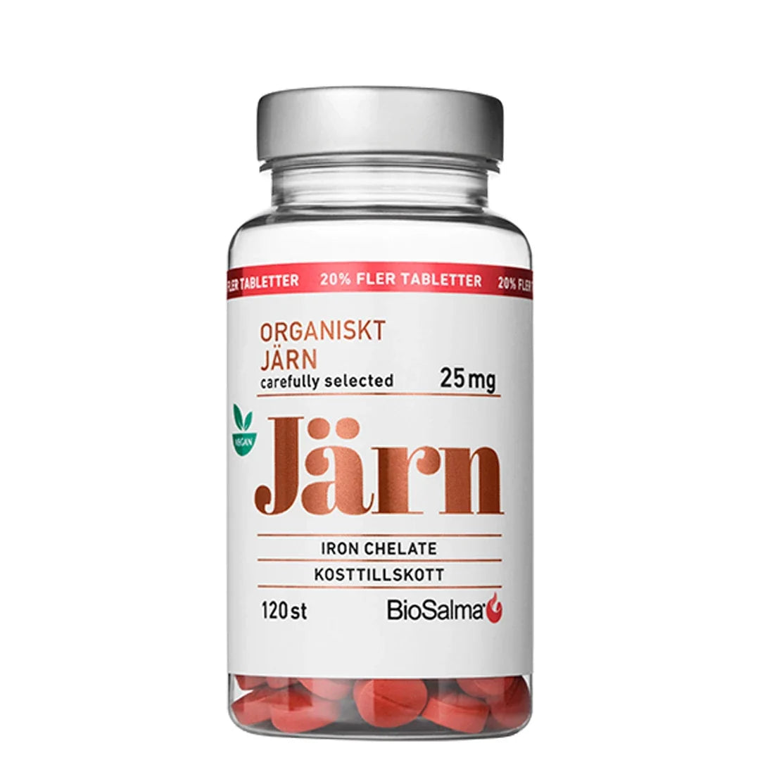 BioSalma Organiskt Järn 25 mg 120 tabs i en transparent burk med silverlock och synliga röda tabletter.