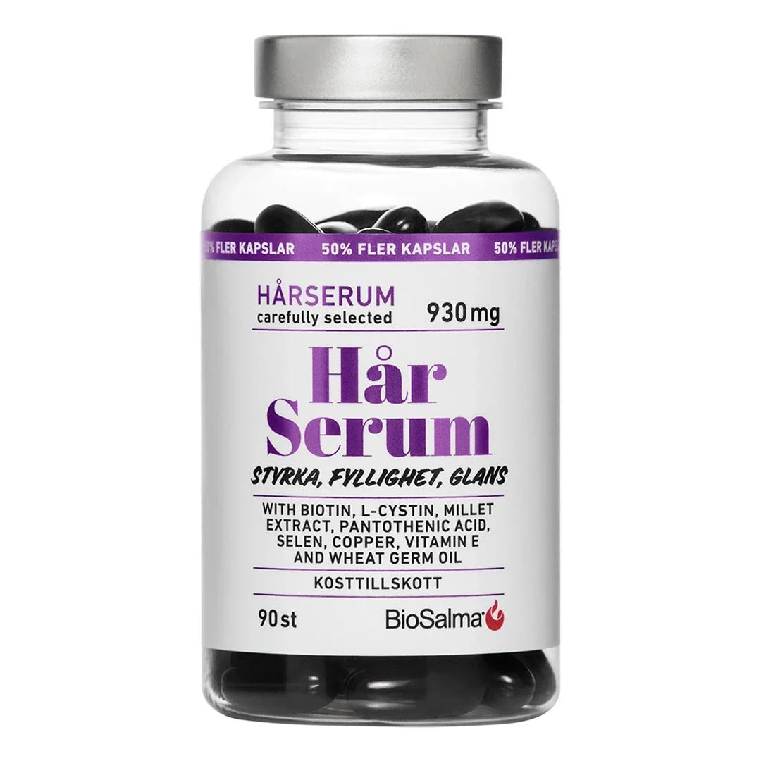 BioSalma HårSerum 90 caps kosttillskott i en genomskinlig burk med vit etikett, lila text och silverlock.