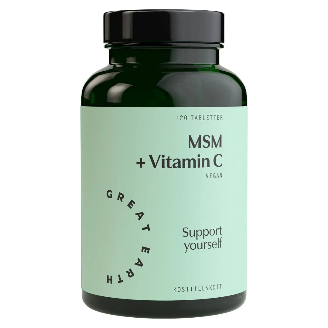 Great Earth MSM + Vitamin C 120 tab i en mörkgrön burk med svart lock och ljusgrön etikett., bild 1 av 1