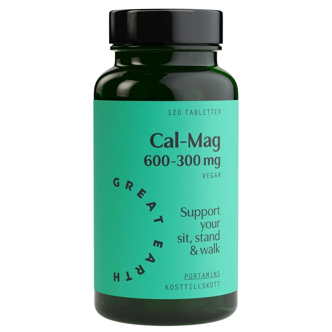 Great Earth Cal-Mag 600-300 mg 120 tab, veganska mineraler i en mörkgrön burk med turkos etikett., bild 1 av 1