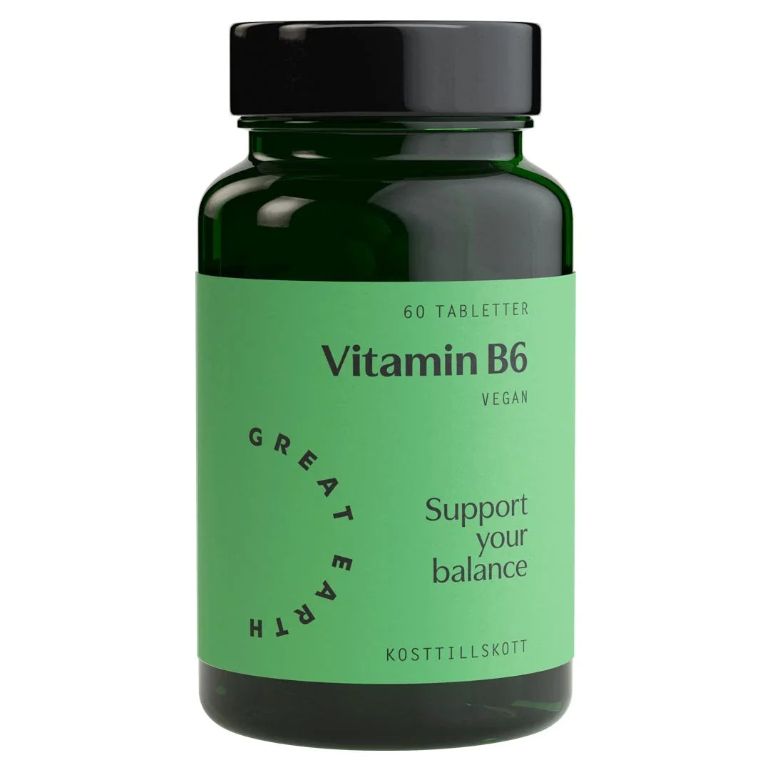 Great Earth Vitamin B6 60 tabs kosttillskott i en mörkgrön burk med ljusgrön etikett och svart lock., bild 1 av 1