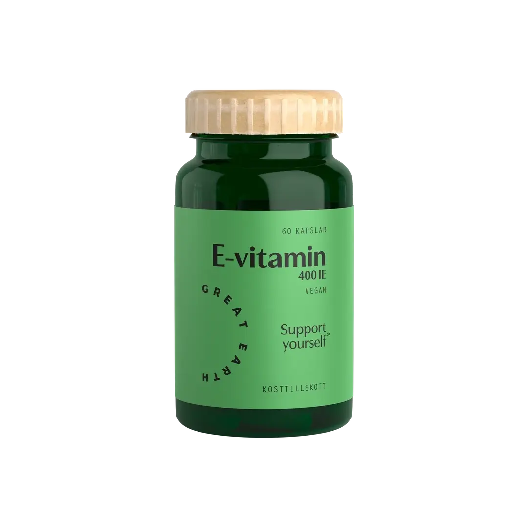 Great Earth E-Vitamin 60 caps i en mörkgrön burk med ljusgrön etikett och ett ljust trälock.
