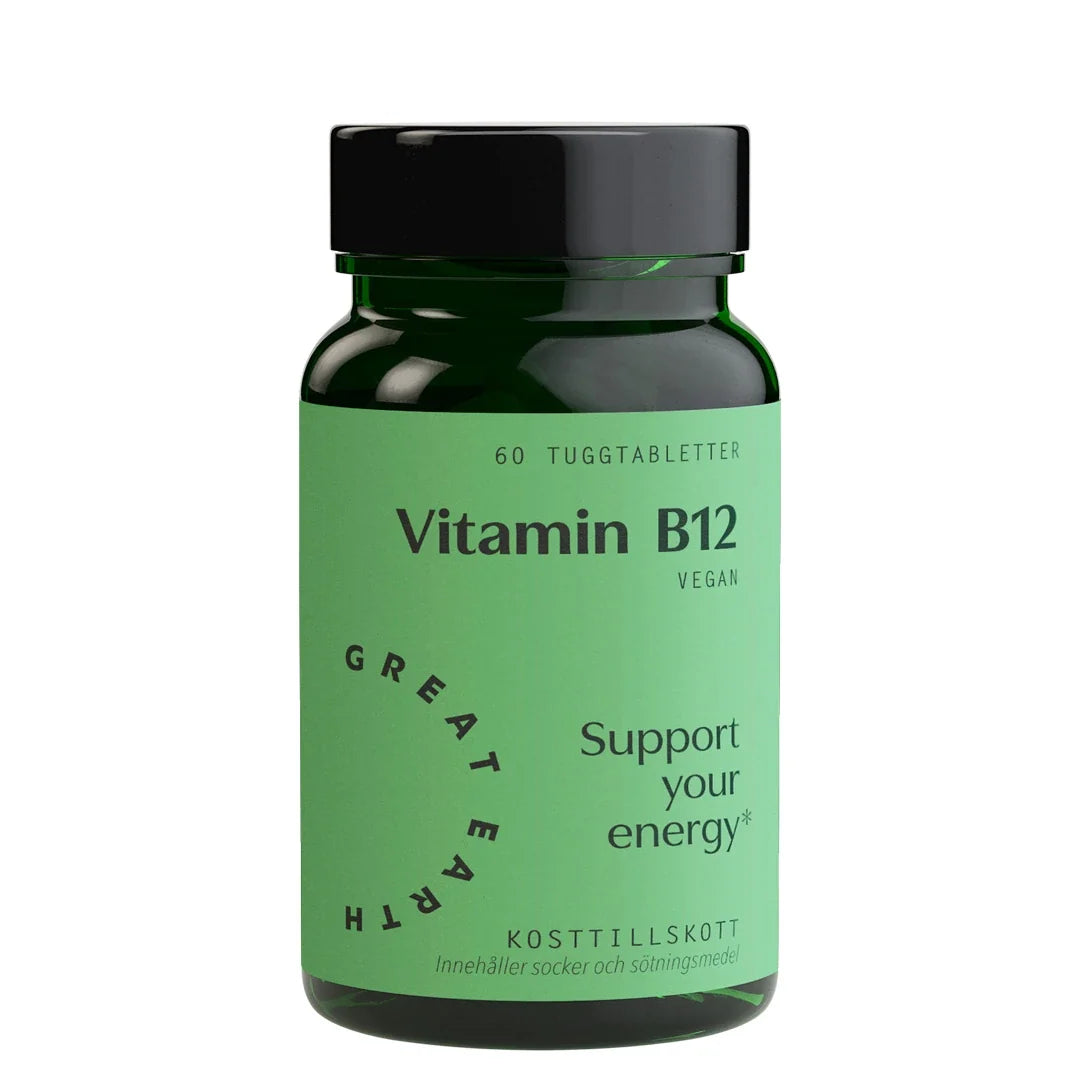 Great Earth Vitamin B12 60 Tuggtabletter förpackade i en grön burk med svart lock., bild 1 av 1