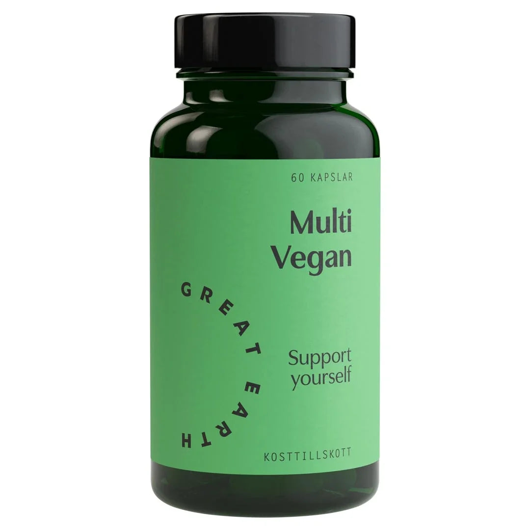 Great Earth Multi Vegan 60 caps, vegansk multivitamin förpackad i en mörkgrön burk med ljusgrön etikett., bild 1 av 1