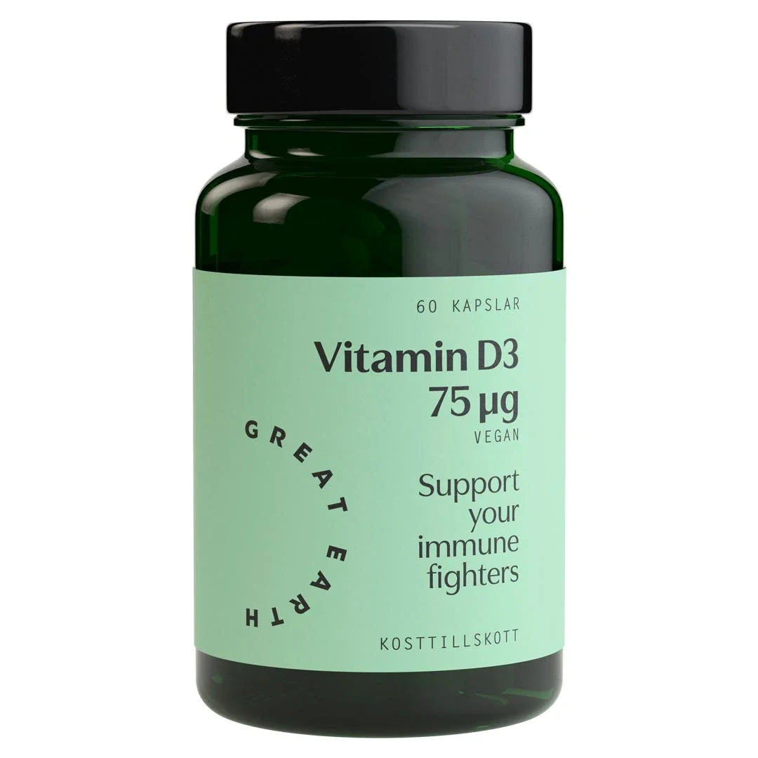 Great Earth Vitamin D3 75 μg 60 caps i en mörkgrön burk med svart lock och ljusgrön etikett., bild 1 av 1