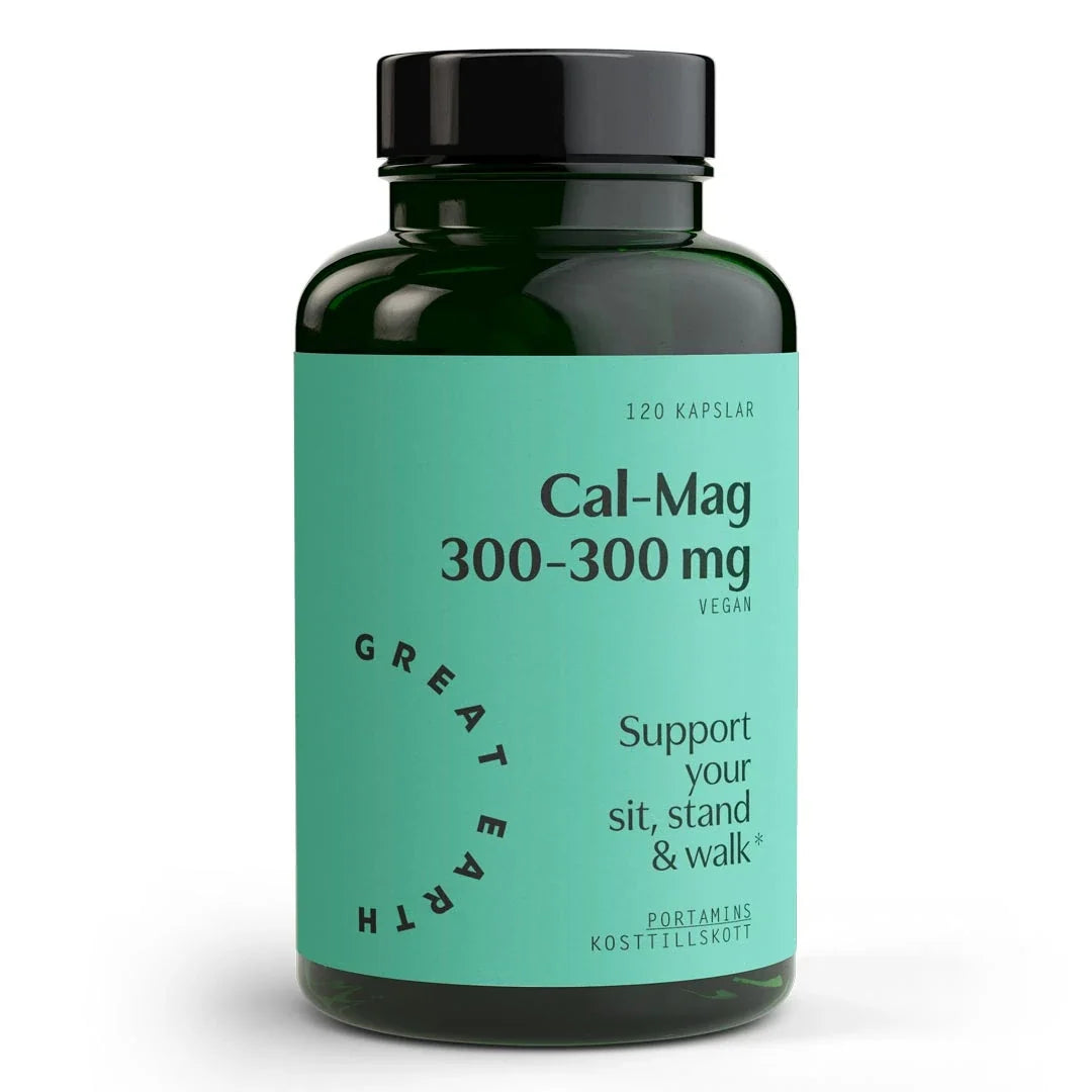 Great Earth Cal-Mag 300-300 mg 120 caps kosttillskott i en mörkgrön burk med svart lock och turkos etikett.