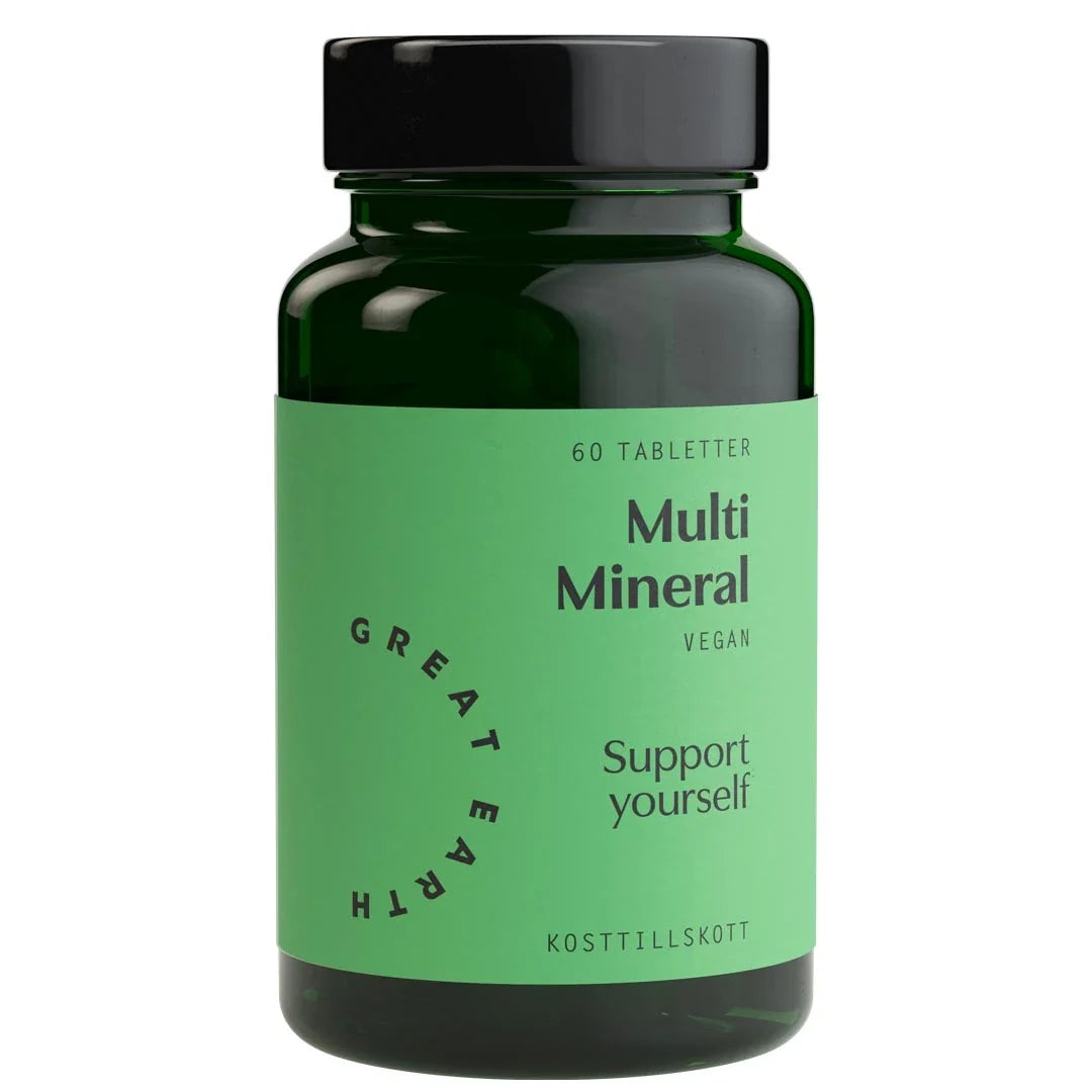 Great Earth Multi Mineral 60 tabs veganskt kosttillskott, mörkgrön burk med ljusgrön etikett och svart lock.