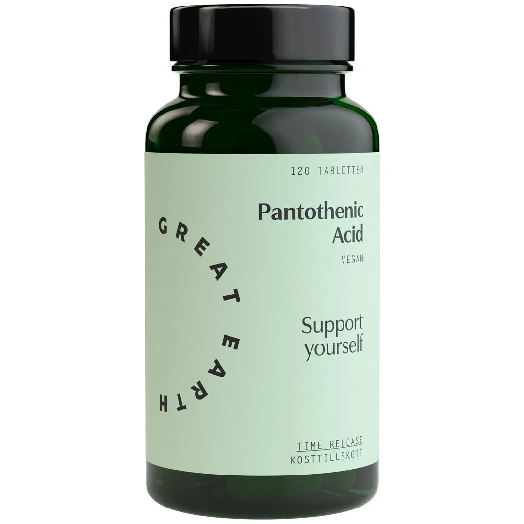 Great Earth Pantothenic Acid 120 tabs i en mörkgrön burk med ljusgrön etikett och svart text., bild 1 av 1