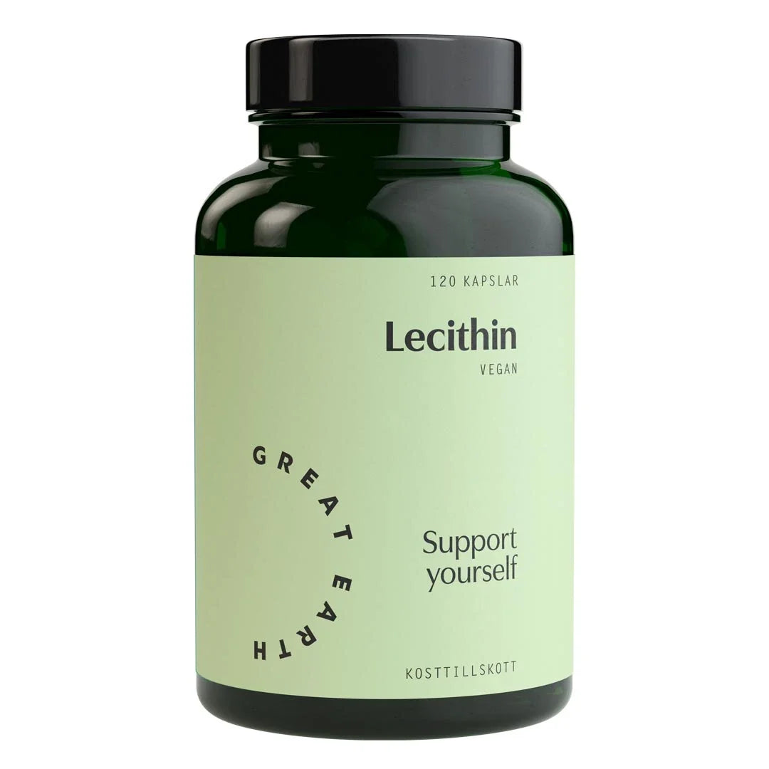 Great Earth Lecithin 120 caps veganskt kosttillskott i en mörkgrön burk med ljusgrön etikett.