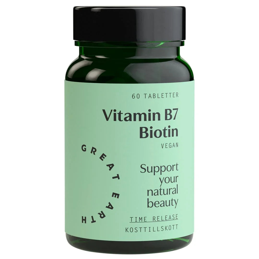 Great Earth Vitamin B7 - Biotin 60 tabs kosttillskott i en mörkgrön burk med ljusgrön etikett och svart lock., bild 1 av 1