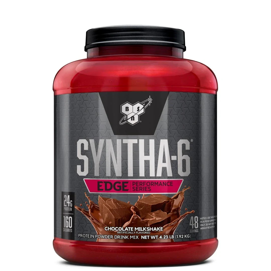 BSN Syntha 6 EDGE 1.92 kg proteinpulver i en röd burk med svart etikett för smaken Chocolate Milkshake., bild 1 av 1