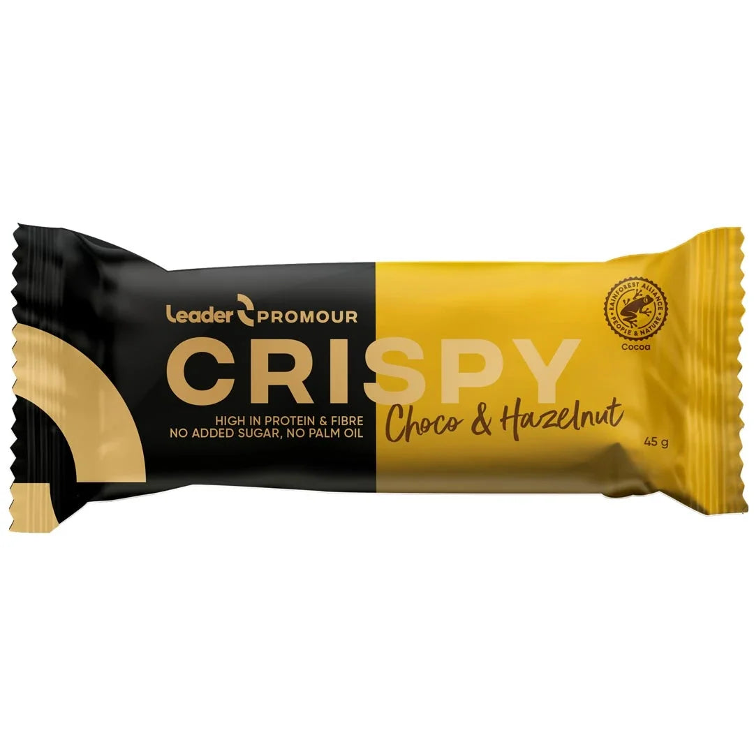 Leader Promour Crispy 45 g proteinbar i en svart och gul förpackning för smaken Choco &amp; Hazelnut., bild 2 av 2