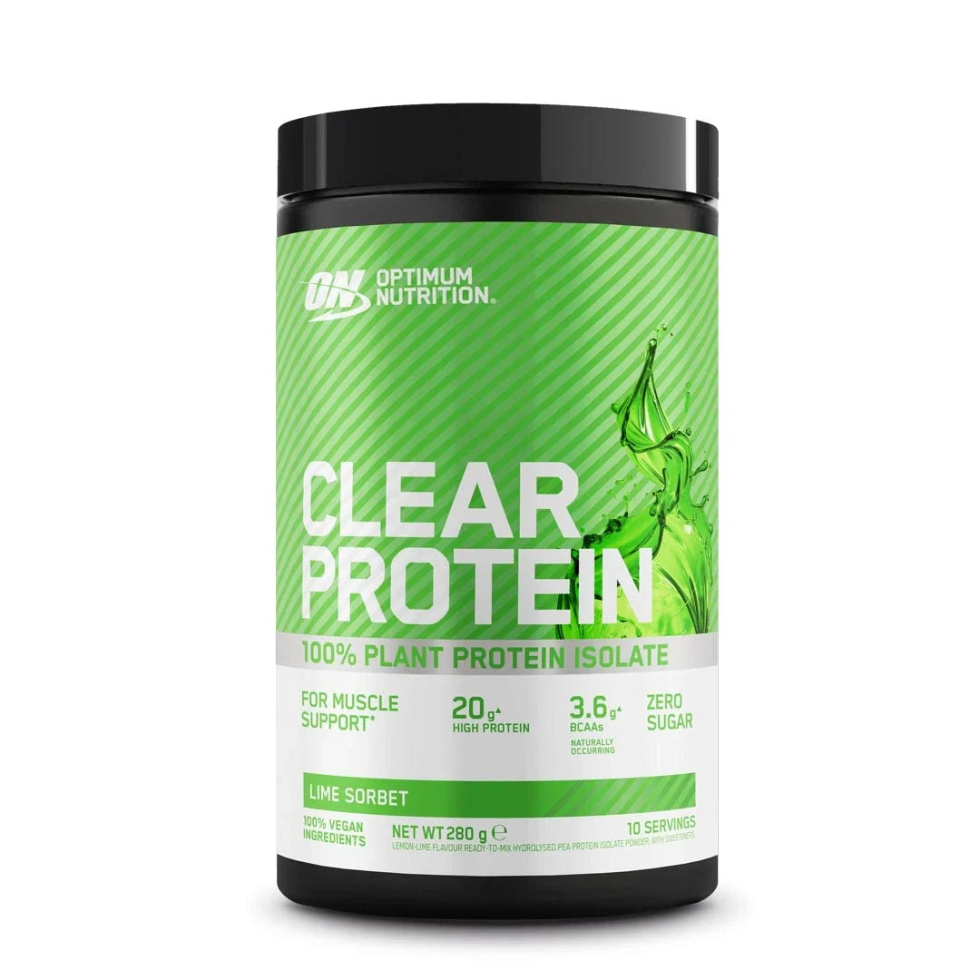 Optimum Nutrition Clear Protein 100% Plant Protein Isolate 280 g i en svart burk med grön etikett för smaken Lime Sorbet.