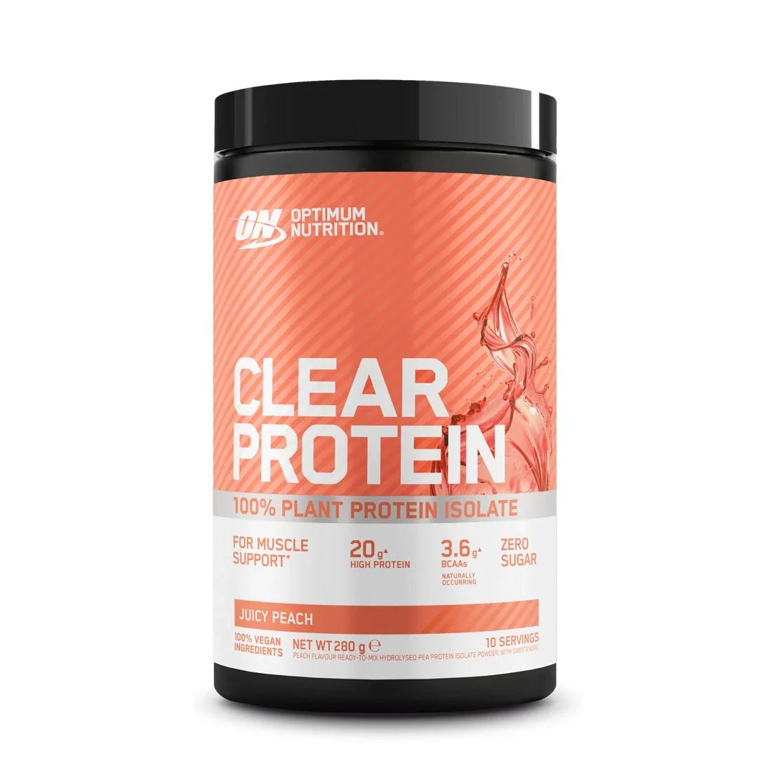 Optimum Nutrition Clear Protein 100% Plant Protein Isolate 280 g i en svart burk med orange etikett, smak Juicy Peach.