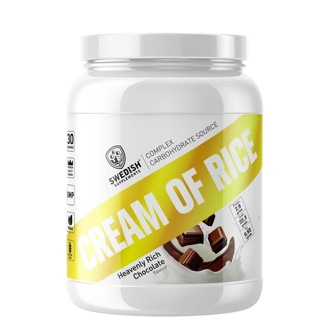 Swedish Supplements Cream of Rice 1 kg kolhydratspulver i vit burk med gul etikett och smak av Heavenly Rich Chocolate., bild 1 av 1