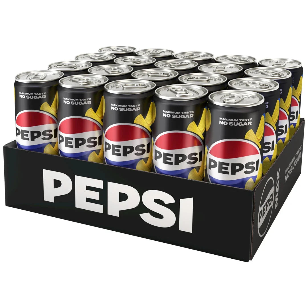 20 x Pepsi MAX 330 ml Lemon i ett svart pappflak fyllt med svarta burkar med guldiga citrondetaljer., bild 1 av 1