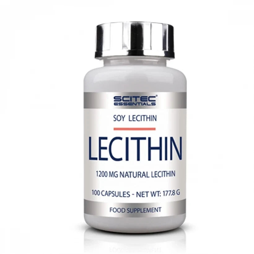 Scitec Nutrition Lecithin 100 caps i en vit burk med silverfärgat lock och tydlig blå text., bild 1 av 1