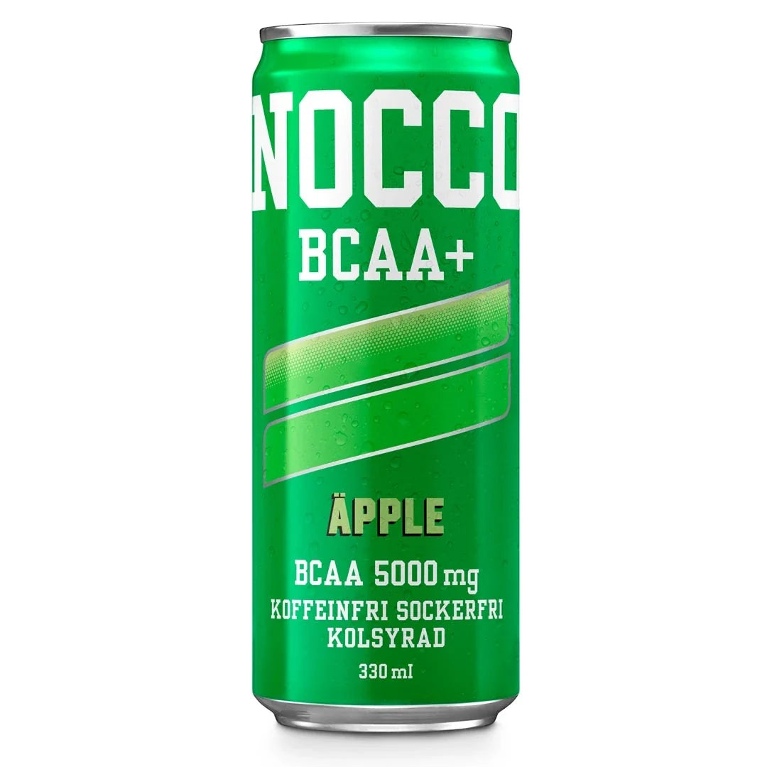NOCCO BCAA+ 330 ml koffeinfri dryck i en grön burk med vita detaljer för smaken Äpple.