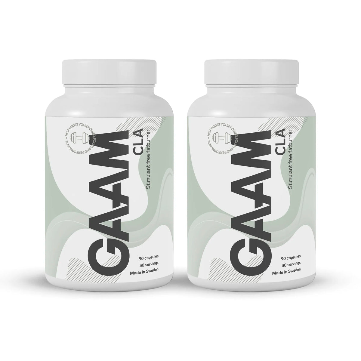 2 x GAAM CLA 90 caps i två vita burkar med svarta och ljusgröna detaljer.